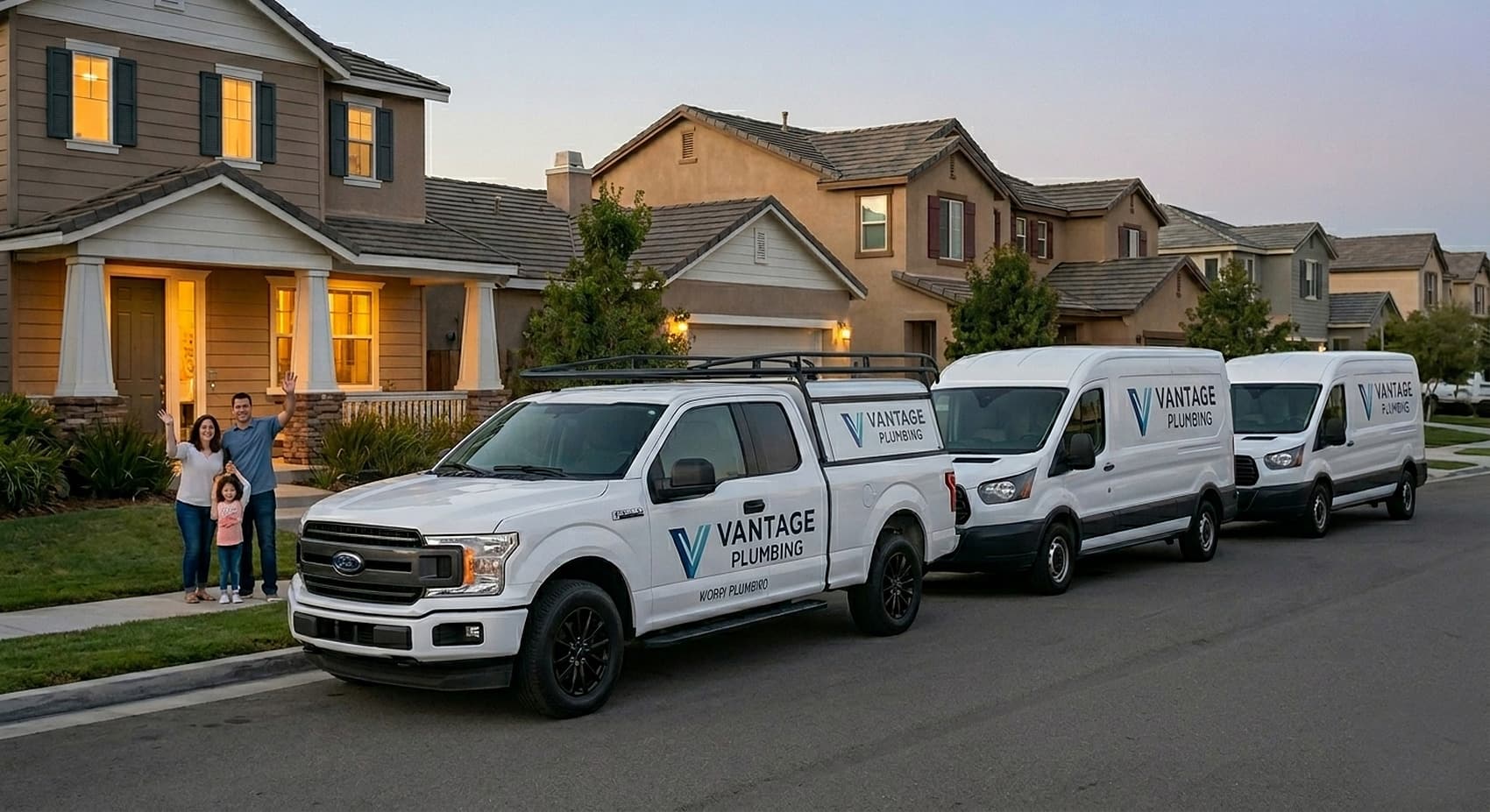 Vantage Plumbing trucks in a San Diego neighborhood