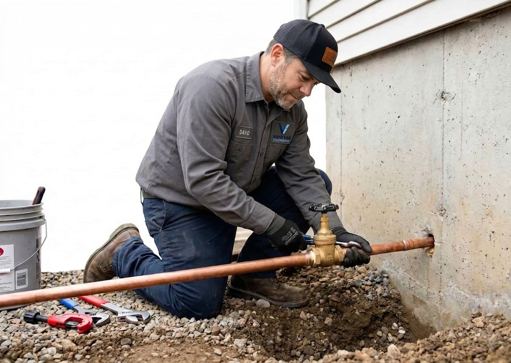 Vantage Plumbing technician installing a copper main water line shutoff at a home's foundation