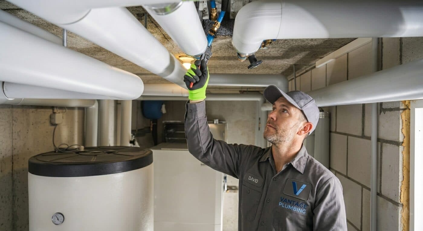 Vantage Plumbing technician servicing overhead pipe runs during a whole-home repipe