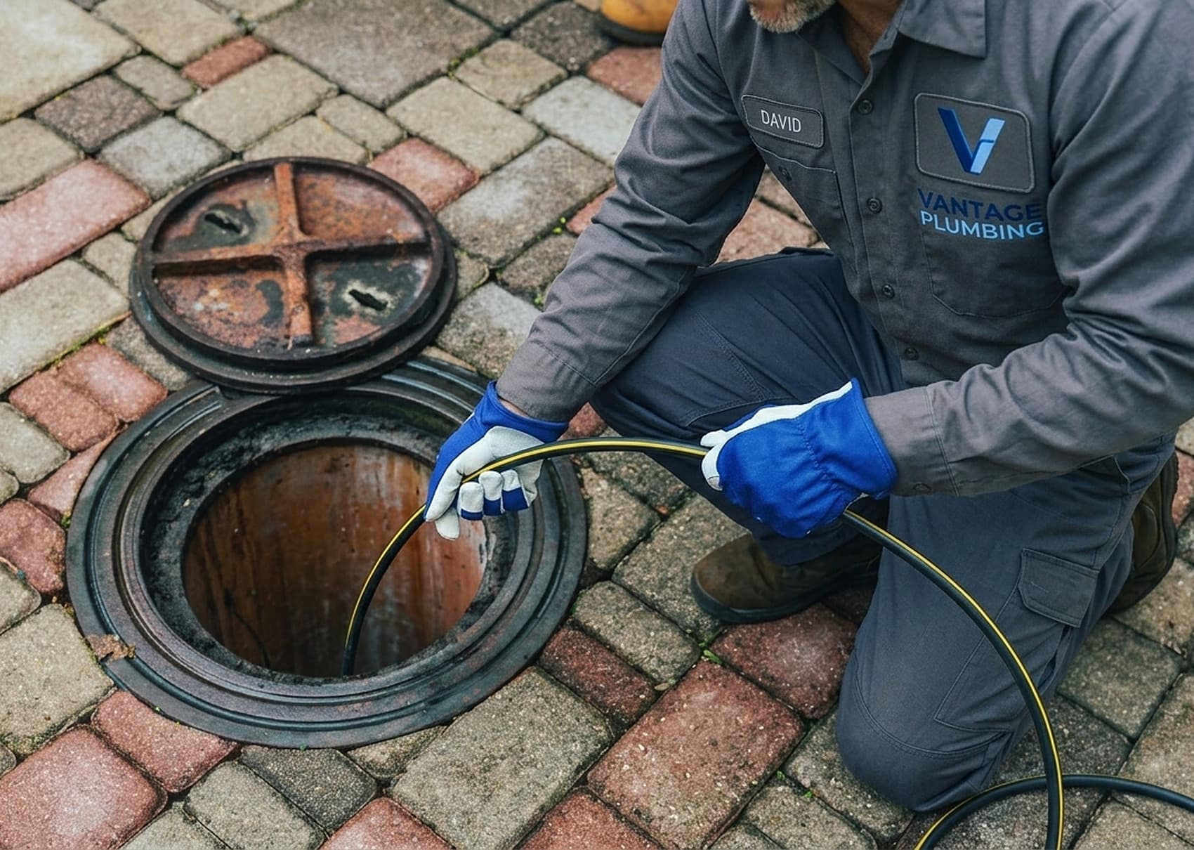Vantage Plumbing technician feeding a drain cable into an open sewer cleanout
